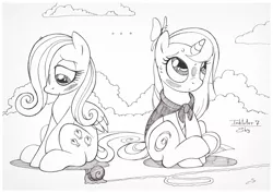 Size: 1073x759 | Tagged: safe, artist:sherwoodwhisper, derpibooru import, fluttershy, oc, oc:eri, butterfly, pegasus, pony, snail, unicorn, ..., blushing, female, filly, inktober, inktober 2017, lineart, looking away, monochrome, shy, sitting, traditional art