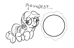 Size: 878x576 | Tagged: safe, artist:heretichesh, derpibooru import, kettle corn, earth pony, pony, marks and recreation, circle, circles, derp, female, filly, grayscale, monochrome, simple background, that pony sure does love circles, white background