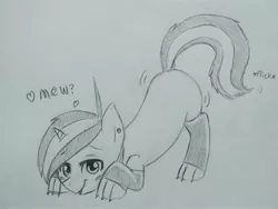 Size: 3264x2448 | Tagged: artist:subimaru_kai, behaving like a cat, clothes, colt, cute, derpibooru import, foal, male, meow, monochrome, oc, oc:snowy, safe, socks, solo, stockings, tail flick, thigh highs, traditional art, unofficial characters only