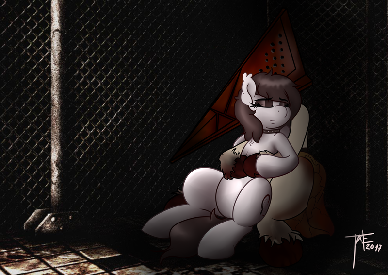 Size: 3507x2480 | Tagged: artist:tatemil, cuddling, derpibooru import, embrace, eyes closed, fence, hug, hug from behind, oc, oc:sickle cell, pyramid head, safe, shipping, silent hill, silent hill 2, unofficial characters only