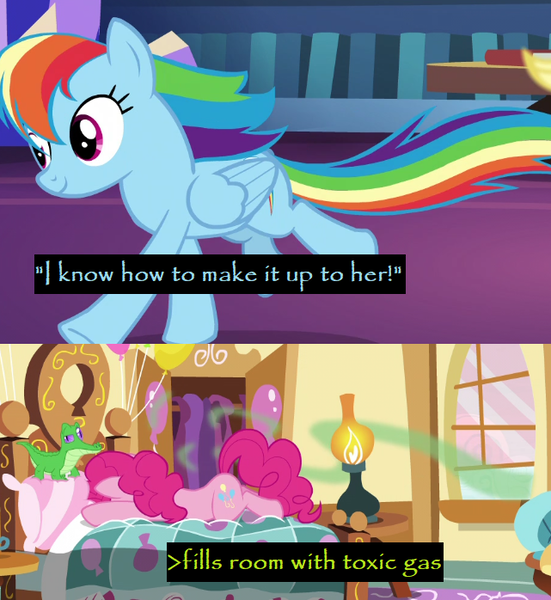 Size: 641x698 | Tagged: semi-grimdark, derpibooru import, edit, edited screencap, screencap, gummy, pinkie pie, rainbow dash, alligator, earth pony, pegasus, pony, secrets and pies, bad end, bait and switch, betrayal, caption, death, disloyalty, greentext, implied farting, murder, out of context, poison, rainbow douche, text