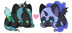 Size: 1100x500 | Tagged: safe, artist:kura, derpibooru import, nightmare moon, queen chrysalis, alicorn, changeling, pony, :3, blushing, chibi, chrysmoon, cute, cutealis, female, lesbian, moonabetes, shipping