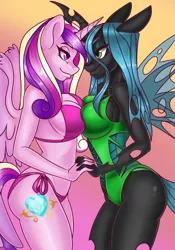 Size: 1050x1500 | Tagged: suggestive, artist:bumblebun, derpibooru import, princess cadance, queen chrysalis, alicorn, anthro, changeling, big breasts, bikini, breasts, breast squish, busty princess cadance, busty queen chrysalis, cadalis, cleavage, clothes, female, holding hands, lesbian, looking at each other, one-piece swimsuit, shipping, sideboob, swimsuit, symmetrical docking