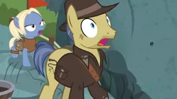 Size: 759x426 | Tagged: safe, derpibooru import, screencap, gentiana, indiana pones, earth pony, pony, shadow play, clothes, derp, fedora, female, filly, hat, indiana jones, jacket, male, shocked, stallion