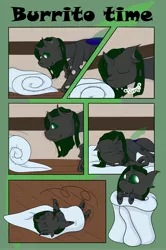 Size: 3264x4928 | Tagged: artist:melodis, blanket, blanket burrito, changeling, comic, cute, derpibooru import, oc, safe, unofficial characters only, ych result