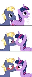 Size: 1000x2400 | Tagged: safe, artist:mightyshockwave, derpibooru import, star tracker, twilight sparkle, twilight sparkle (alicorn), alicorn, earth pony, pony, once upon a zeppelin, accidental kiss, blushing, comic, eye contact, female, honorary incest, horse noises, kissing, looking at each other, male, mare, shipping, stallion, straight, twitracker