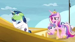 Size: 1366x768 | Tagged: safe, derpibooru import, screencap, princess cadance, princess flurry heart, shining armor, pony, once upon a zeppelin, airsick, airsick armor, amused, green face, sick