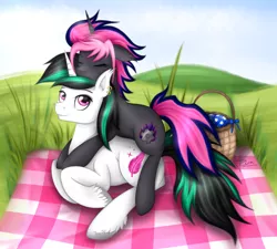 Size: 2000x1800 | Tagged: safe, artist:puggie, derpibooru import, oc, oc:harmony strips, oc:sil feather, unofficial characters only, basket, cuddling, eyes closed, nature, picnic, picnic basket, picnic blanket, scenery