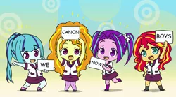 Size: 2362x1316 | Tagged: artist needed, safe, derpibooru import, adagio dazzle, aria blaze, sonata dusk, sunset shimmer, equestria girls, shadow play, abstract background, adoragio, ariabetes, canon, chibi, cute, shimmerbetes, sign, smiling, sonatabetes, that was fast, the dazzlings