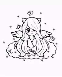 Size: 750x928 | Tagged: artist:lillyly1209, black and white, bust, butterfly, cloud, derpibooru import, fluttershy, grayscale, inktober, inktober 2017, lineart, looking at you, monochrome, open mouth, portrait, safe, simple background, solo, spread wings, white background, wings