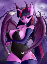 Size: 1400x1900 | Tagged: absolute cleavage, alicorn, anthro, arm under breasts, artist:huckser, bat, bat wings, bedroom eyes, big breasts, breasts, busty twilight sparkle, chest fluff, choker, cleavage, clothes, costume, curved horn, curvy, cutie mark, derpibooru import, ear fluff, erect nipples, evening gloves, eyeshadow, female, gloves, halloween, holiday, horn, horns, leotard, lingerie, long gloves, looking at you, makeup, mare, moon, multiple horns, night, nipple outline, nipples, nudity, sexy, silhouette, smiling, socks, solo, solo female, spiked choker, spread wings, standing, strapless, stupid sexy twilight, succubus, suggestive, tail, thigh gap, thigh highs, tree, twilight sparkle, twilight sparkle (alicorn), wide hips, wings
