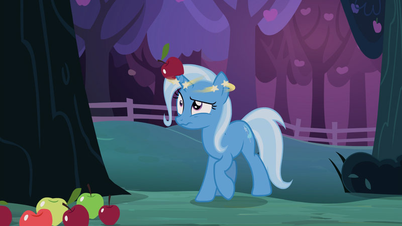 Size: 1646x926 | Tagged: apple, circling stars, derpibooru import, dizzy, food, horn impalement, safe, screencap, solo, source needed, trixie, uncommon bond