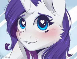 Size: 1300x1000 | Tagged: safe, artist:silbersternenlicht, derpibooru import, rarity, pony, unicorn, my little brony risovach, blushing, bust, cheek fluff, close-up, cute, ear fluff, face, female, flattered, heart eyes, mare, portrait, raribetes, smiling, solo, wingding eyes