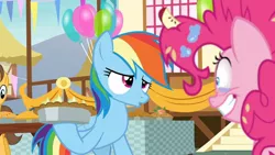 Size: 1280x720 | Tagged: balloon, decoration, derpibooru import, food, messy, party, pie, pinkie pie, rainbow dash, safe, screencap, secrets and pies, town hall