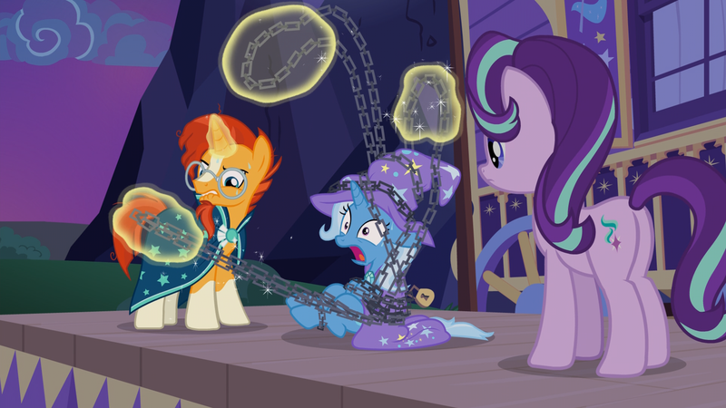 Size: 1920x1080 | Tagged: bondage, cape, caravan, chains, clothes, derpibooru import, epic fail, fail, hat, kidnapped, out of context, plot, safe, screencap, starlight glimmer, struggling, sunburst, trixie, trixie's cape, trixie's hat, trixie's wagon, uncommon bond, wagon