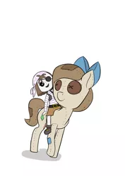 Size: 2000x2828 | Tagged: safe, artist:happy harvey, derpibooru import, oc, oc:raggie, oc:yarsi, unofficial characters only, doll pony, hagwarders, original species, plush pony, pony, bandana, belt, boots, bow, carrying, clothes, colored, cute, doll, drawn on phone, eyepatch, hair bow, horsebackriding, living object, looking at each other, non-mlp oc, patch, pirate, plushie, riding, shadow, shirt, shoes, shorts, simple background, smiling, toy, vest, walking, white background