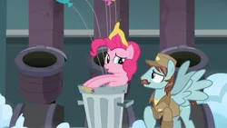 Size: 1280x720 | Tagged: safe, derpibooru import, screencap, pinkie pie, unnamed pony, pegasus, pony, secrets and pies, background pony, balloon, cloud, cloudsdale, janitor, messy, raised eyebrow, trash, trash can