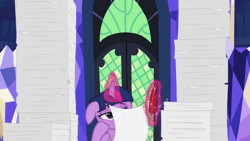 Size: 500x282 | Tagged: safe, derpibooru import, screencap, twilight sparkle, twilight sparkle (alicorn), alicorn, pony, once upon a zeppelin, animated, bored, floppy ears, gif, magic, paper, paperwork, pen, quill, solo, telekinesis, twilight's castle, writing