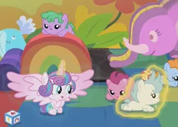 Size: 801x574 | Tagged: safe, derpibooru import, screencap, cloudy winds, cotton chip, cranberry pit, ginger tea, grape stem, princess flurry heart, pony, once upon a zeppelin, babies, baby, baby ponies, baby pony, diaper, foal, levitation, magic, telekinesis