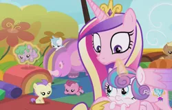 Size: 1105x706 | Tagged: safe, derpibooru import, screencap, cloudy winds, cotton chip, cranberry pit, cream puff, grape stem, princess cadance, princess flurry heart, pony, once upon a zeppelin, babies, baby, baby ponies, baby pony, daughter, female, foal, levitation, magic, mother, mother and daughter, telekinesis