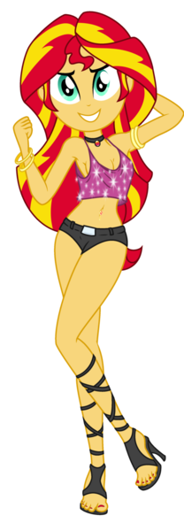 Size: 596x1720 | Tagged: suggestive, artist:ampersandxyz, derpibooru import, sunset shimmer, equestria girls, beautiful, beautisexy, belly button, bellyring, bracelet, braless, breasts, choker, clothes, female, high heels, jewelry, looking at you, nail polish, piercing, sexy, shoes, shorts, simple background, small breasts, smiling, solo, solo female, stupid sexy sunset shimmer, tanktop, top, transparent background