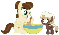 Size: 9375x5625 | Tagged: safe, artist:besttubahorse, derpibooru import, oc, oc:sweet mocha, oc:vanilla bean, unofficial characters only, pegasus, pony, 5-year-old, absurd resolution, baking, bowl, cute, duo, duo female, female, freckles, hoof hold, mother and daughter, simple background, spoon, teaching, transparent background, vector, younger