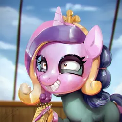 Size: 800x800 | Tagged: safe, artist:assasinmonkey, derpibooru import, scribble pad, pony, once upon a zeppelin, cadance mask, female, filly, grin, hoof hold, horseshoes, mask, nightmare fuel, notepad, scene interpretation, shrunken pupils, smiling, solo, uncanny valley, why