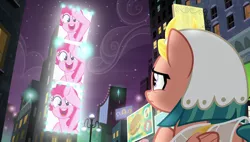 Size: 1920x1090 | Tagged: safe, derpibooru import, screencap, pinkie pie, somnambula, earth pony, pegasus, pony, shadow play, bridleway, building, female, jumbotron, manehattan, mare, night, night sky, screen, sky