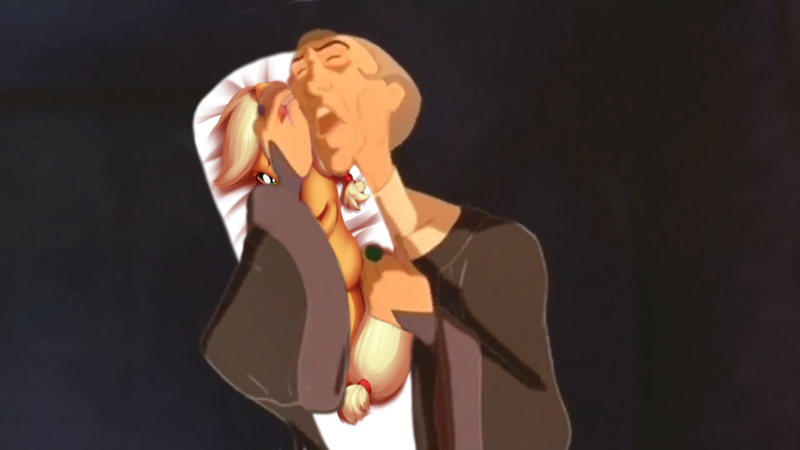 Size: 1366x768 | Tagged: applejack, body pillow, derpibooru import, edit, faith, frollo, hellfire, hunchback of notre dame, meme, pillow, priest, religion, righteous, safe, shitposting, singing, song in the description, waifu