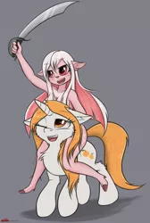 Size: 1625x2420 | Tagged: suggestive, artist:orang111, derpibooru import, oc, oc:orange horse, unofficial characters only, anthro, deer, pony, unicorn, anthro with ponies, anthros riding ponies, breasts, female, furry, mare, non-mlp oc, riding, sword, weapon