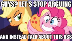 Size: 1024x576 | Tagged: applebutt, applejack, butthug, butt touch, caption, derpibooru import, edit, edited screencap, faceful of ass, hug, image macro, meme, pinkie hugging applejack's butt, pinkie pie, plot, safe, screencap, shadow play, this will end in pain, unamused, upset