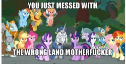 Size: 800x411 | Tagged: alicorn, applejack, derpibooru import, dragon, edit, edited screencap, flash magnus, fluttershy, image macro, mane six, meadowbrook, meme, mistmane, pinkie pie, rainbow dash, rarity, rockhoof, safe, screencap, shadow play, somnambula, spike, starlight glimmer, star swirl the bearded, sunburst, twilight sparkle, twilight sparkle (alicorn), vulgar, wrong neighborhood