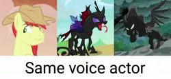Size: 2560x1173 | Tagged: safe, derpibooru import, edit, screencap, bright mac, pharynx, pony of shadows, stygian, changeling, pony, shadow play, the perfect pear, to change a changeling, bill newton, exploitable meme, meme, same voice actor, solo