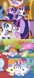 Size: 1920x4320 | Tagged: safe, derpibooru import, edit, edited screencap, screencap, cloudy winds, coconut palm, cotton chip, cranberry pit, cream puff, ginger tea, grape stem, night light, princess cadance, princess flurry heart, shining armor, twilight sparkle, twilight sparkle (alicorn), twilight velvet, alicorn, pony, once upon a zeppelin, baby, baby pony, diaperless edit, nude edit, nudity