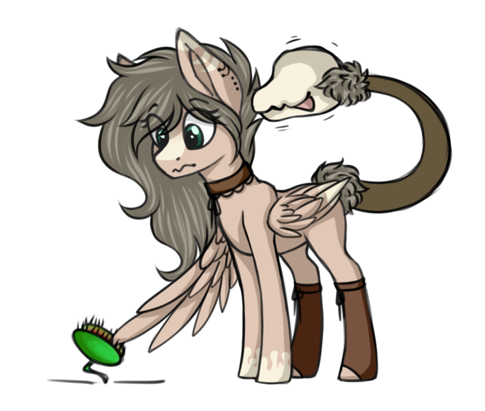 Size: 1588x1344 | Tagged: safe, artist:dusty-onyx, derpibooru import, oc, oc:marcy lee, unofficial characters only, original species, pegasus, pony, augmented tail, clothes, female, green eyes, looking down, mare, neckband, request, simple background, socks, solo, tailmouth, transparent background, venus flytrap, wings