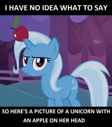 Size: 882x1000 | Tagged: safe, derpibooru import, edit, edited screencap, screencap, trixie, pony, unicorn, uncommon bond, apple, cute, diatrixes, female, food, horn impalement, looking at you, mare, meme, outdoors, smiling, solo, standing, text