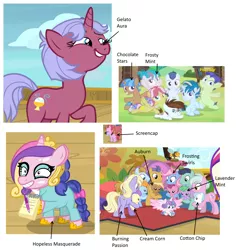 Size: 2147x2266 | Tagged: safe, derpibooru import, edit, edited screencap, screencap, cloudy winds, coconut palm, cotton chip, cranberry pit, cream puff, grape stem, kettle corn, mocha berry, pipsqueak, power chord, princess cadance, princess flurry heart, raspberry sorbet, rumble, scribble pad, skeedaddle, tulip swirl, alicorn, earth pony, pegasus, pony, unicorn, marks and recreation, once upon a zeppelin, baby, baby pony, cadance mask, colt, cropped, female, filly, foal, male, mare, name suggestions, screencap (pony), stallion