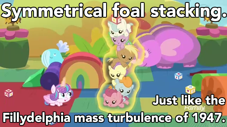 Size: 770x430 | Tagged: safe, derpibooru import, edit, edited screencap, screencap, princess flurry heart, pony, once upon a zeppelin, baby, baby pony, foal, ghostbusters, image macro, levitation, magic, meme, reference, telekinesis, tower of pony