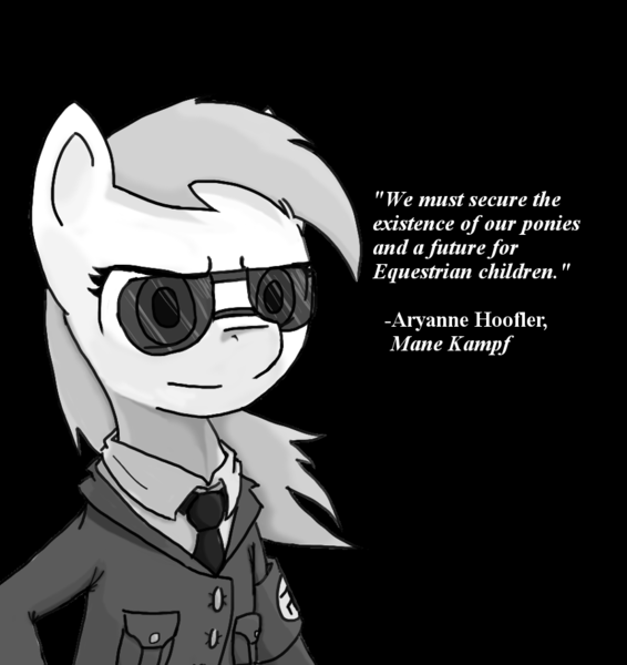 Size: 860x912 | Tagged: safe, artist:anonymous, deleted from derpibooru, derpibooru import, edit, oc, oc:aryanne, unofficial characters only, earth pony, pony, /mlpol/, 14 words, clothes, david lane, female, mare, mein kampf, military uniform, monochrome, nazi, nazi armband, necktie, sunglasses, swastika, uniform