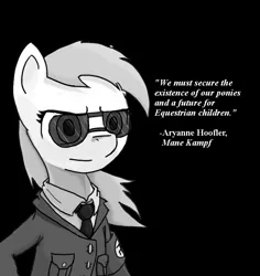 Size: 860x912 | Tagged: safe, artist:anonymous, deleted from derpibooru, derpibooru import, edit, oc, oc:aryanne, unofficial characters only, earth pony, pony, /mlpol/, 14 words, clothes, david lane, female, mare, mein kampf, military uniform, monochrome, nazi, nazi armband, necktie, sunglasses, swastika, uniform