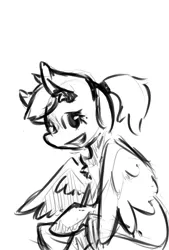 Size: 787x1165 | Tagged: safe, artist:anonymous, derpibooru import, oc, oc:luftkrieg, unofficial characters only, pegasus, pony, aryan, aryan pony, black and white, blonde, female, filly, grayscale, monochrome, nazipone, ponytail, sitting, sketch