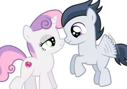 Size: 4210x2952 | Tagged: artist:meandmyideas, bedroom eyes, colt, cute, derpibooru import, female, filly, flying, looking at each other, male, rumbelle, rumble, safe, shipping, simple background, smiling, straight, sweetie belle, transparent background, vector