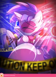 Size: 992x1346 | Tagged: suggestive, alternate version, artist:sip, derpibooru import, sweetie belle, pony, clothes, female, imminent rape, imminent sex, implied foalcon, looking at you, looking back, one eye closed, patreon, patreon logo, plot, police tape, show stopper outfits, solo, solo female, strategically covered