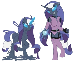 Size: 4735x3997 | Tagged: safe, artist:skyspeardraw, derpibooru import, nightmare rarity, oc, oc:léa, pony, clothes, corrupted, human to anthro, latex, magic, rubber, symbiote, transformation