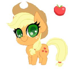 Size: 278x268 | Tagged: safe, artist:imaranx, artist:toxicpoisonpills, derpibooru import, applejack, earth pony, pony, animated, apple, chibi, cowboy hat, female, food, gif, hat, looking at you, mare, pixel art, smiling, solo