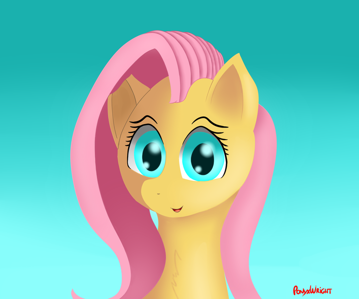 Size: 1800x1500 | Tagged: safe, artist:ponyxwright, derpibooru import, fluttershy, pony, bust, female, gradient background, looking at you, mare, signature, simple background, solo