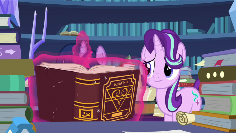 Size: 1136x640 | Tagged: safe, derpibooru import, screencap, starlight glimmer, twilight sparkle, twilight sparkle (alicorn), alicorn, pony, unicorn, shadow play, book, duo, duo female, female, kingdom hearts, magic, magic aura, mare, reference, telekinesis