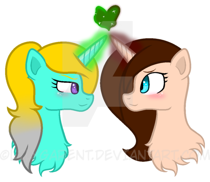 Size: 1024x886 | Tagged: safe, artist:lilygarent, derpibooru import, oc, oc:dede, oc:silver, unofficial characters only, pony, unicorn, female, looking at each other, magic, mare, watermark