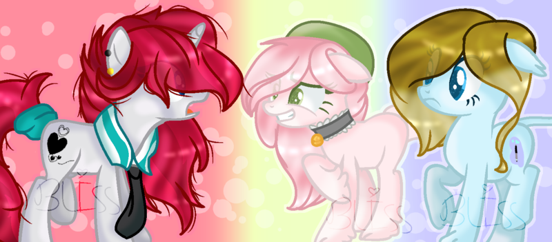 Size: 1530x672 | Tagged: safe, artist:emerald-bliss, derpibooru import, oc, oc:peintre de paix, oc:sour petal, oc:yuko, unofficial characters only, earth pony, pony, unicorn, choker, female, mare, necktie