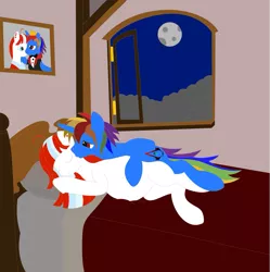 Size: 893x895 | Tagged: safe, derpibooru import, oc, oc:peppermintbreeze, oc:rainbowblazie, unofficial characters only, alicorn, earth pony, pony, alicorn oc, cuddling, kissing, pregnant, rainbow, sleeping